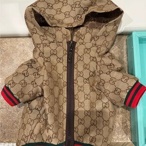 Gucci Tan Monogram Hooded Jacket with Red and Green Accents